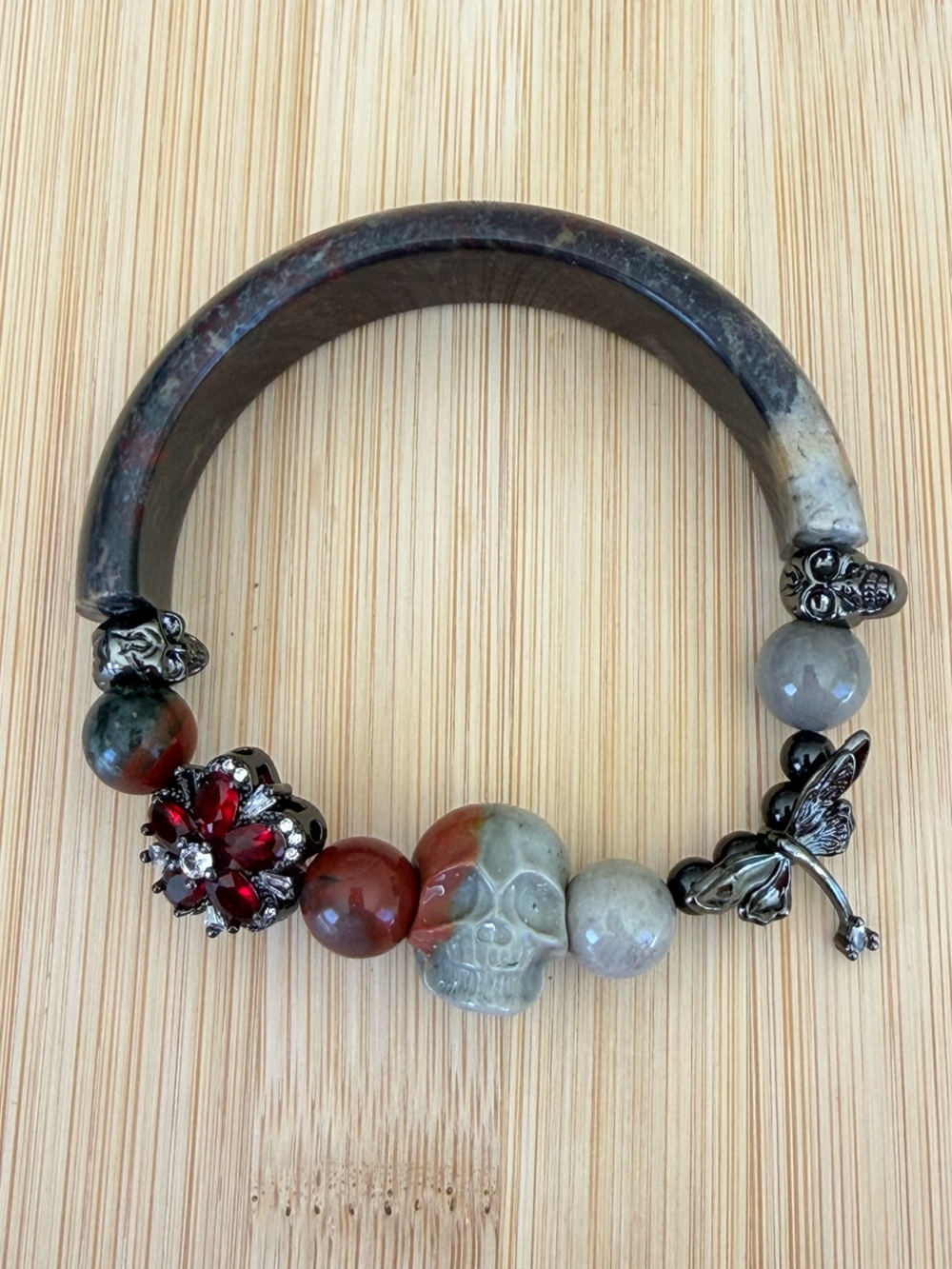 Handcrafted Chicken Bloodstone Half-Bangle Bracelet with Skull, Beads and Charms